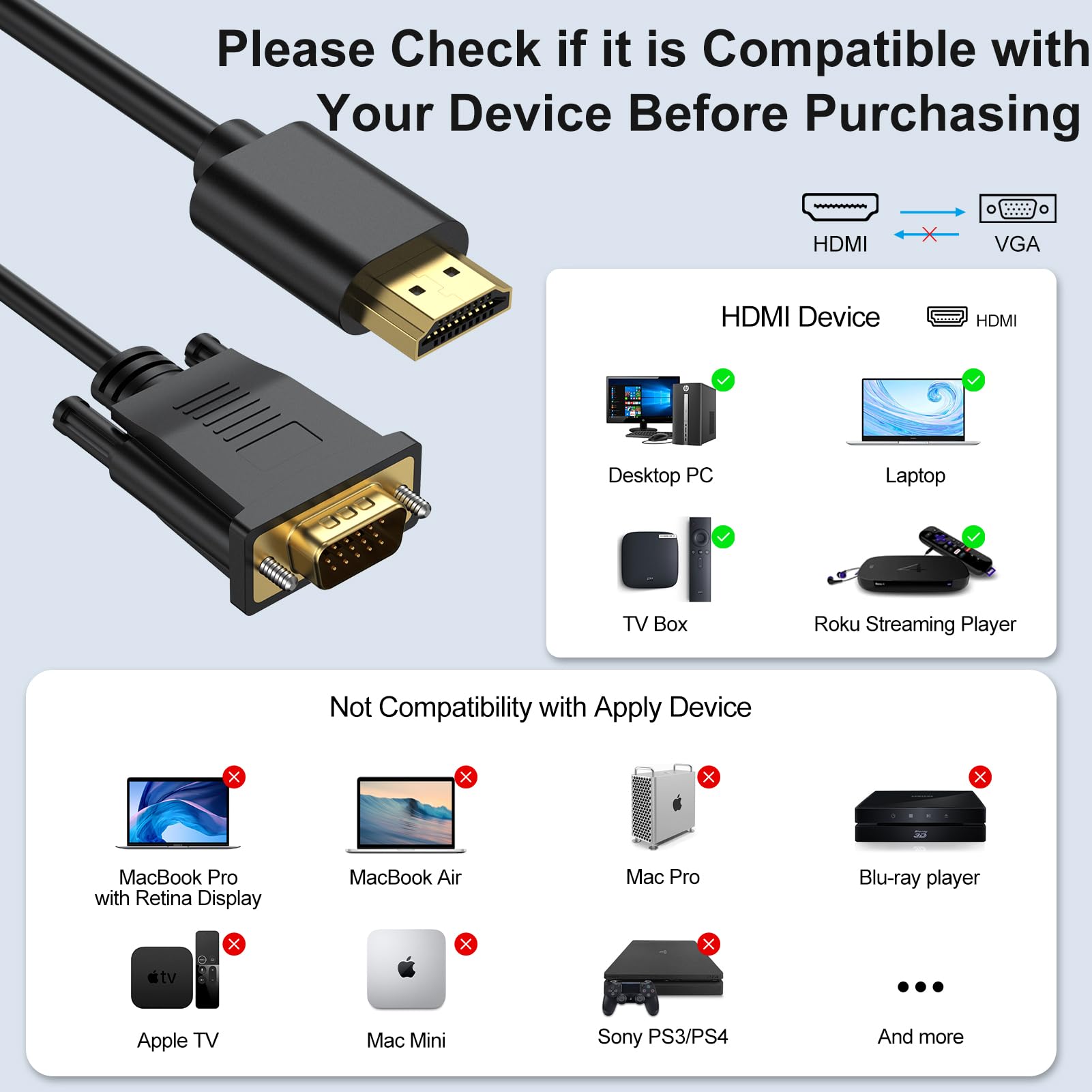 HDMI to VGA Cable 6 Feet, HDMI to VGA Uni-Directional 1080P HD Video Cord Compatible for Computer, Desktop, Laptop, PC, Monitor, Projector, HDTV and More (1.8M)