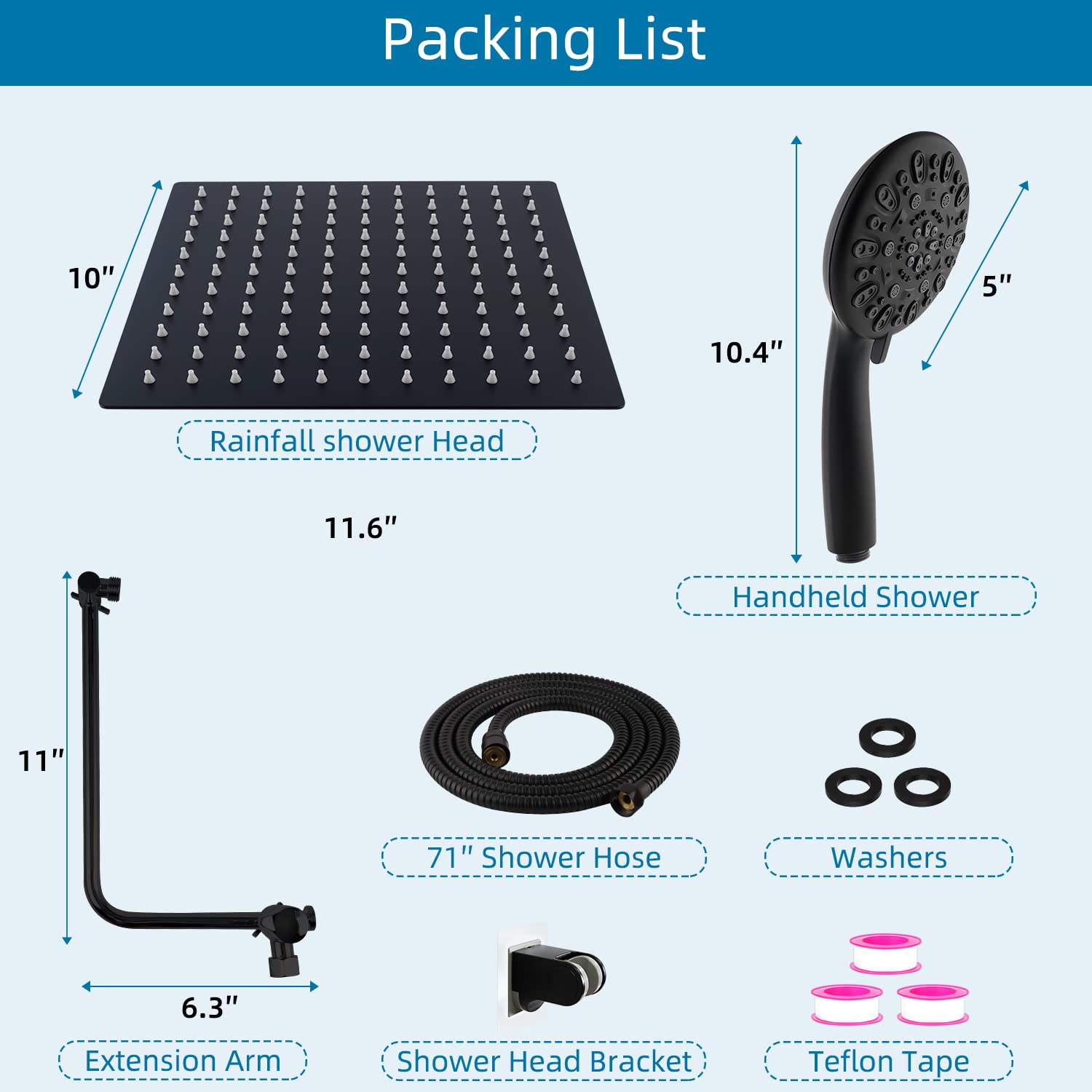 Hygie Rinse 10" High Pressure Rainfall Shower Head All Metal 7-Spray Handheld Showerhead Combo with 11" Adjustable Shower Extension Arm, 71" Extra Long Hose, Adhesive Shower Head Holder, Matteblack