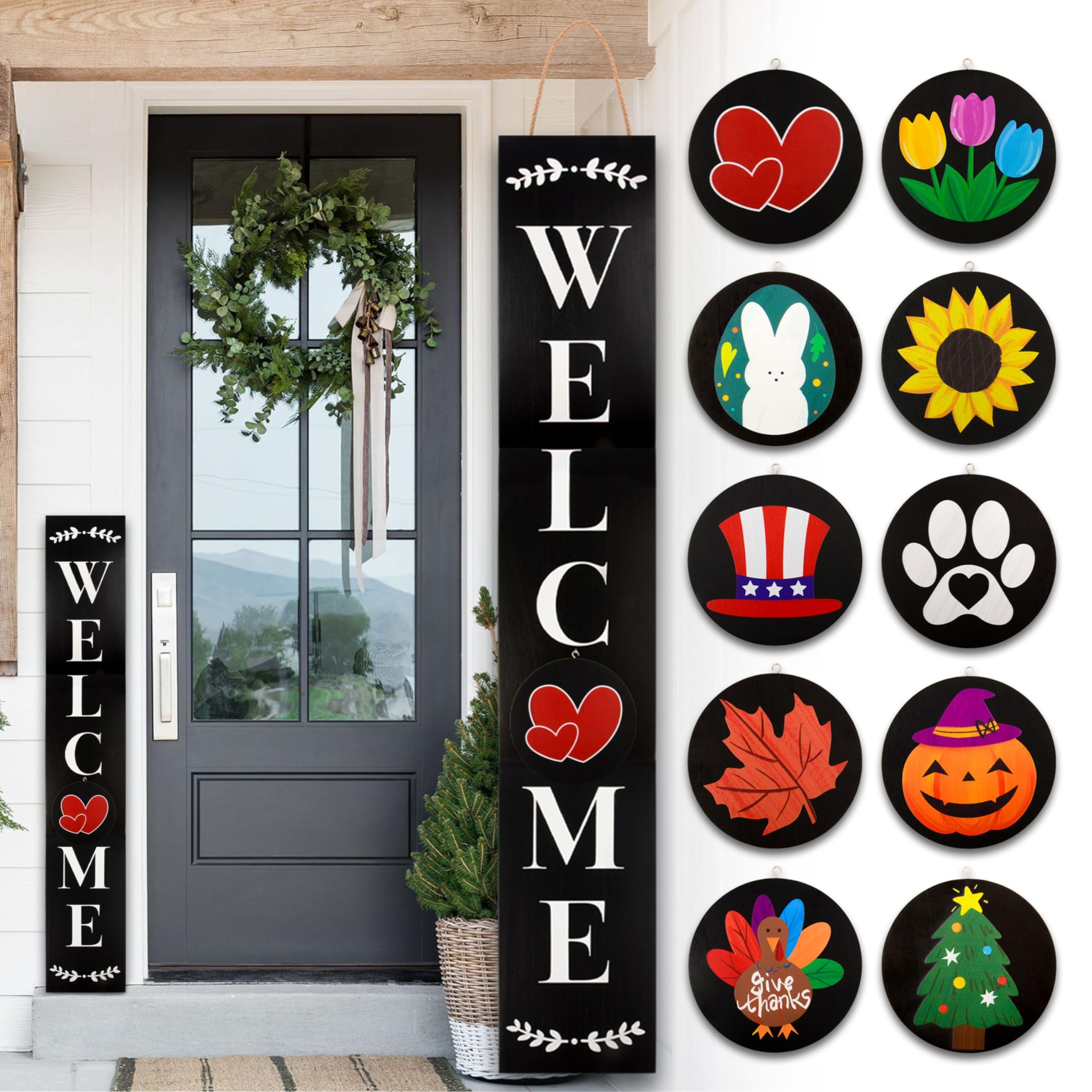 Monjita Welcome Sign for Front Porch Standing, Interchangeable Wooden Sign with 5 Designed Double-Sided Icons for Front Door, All Seasonal Farmhouse Rustic Modern Porch Decor for Fall Harvest