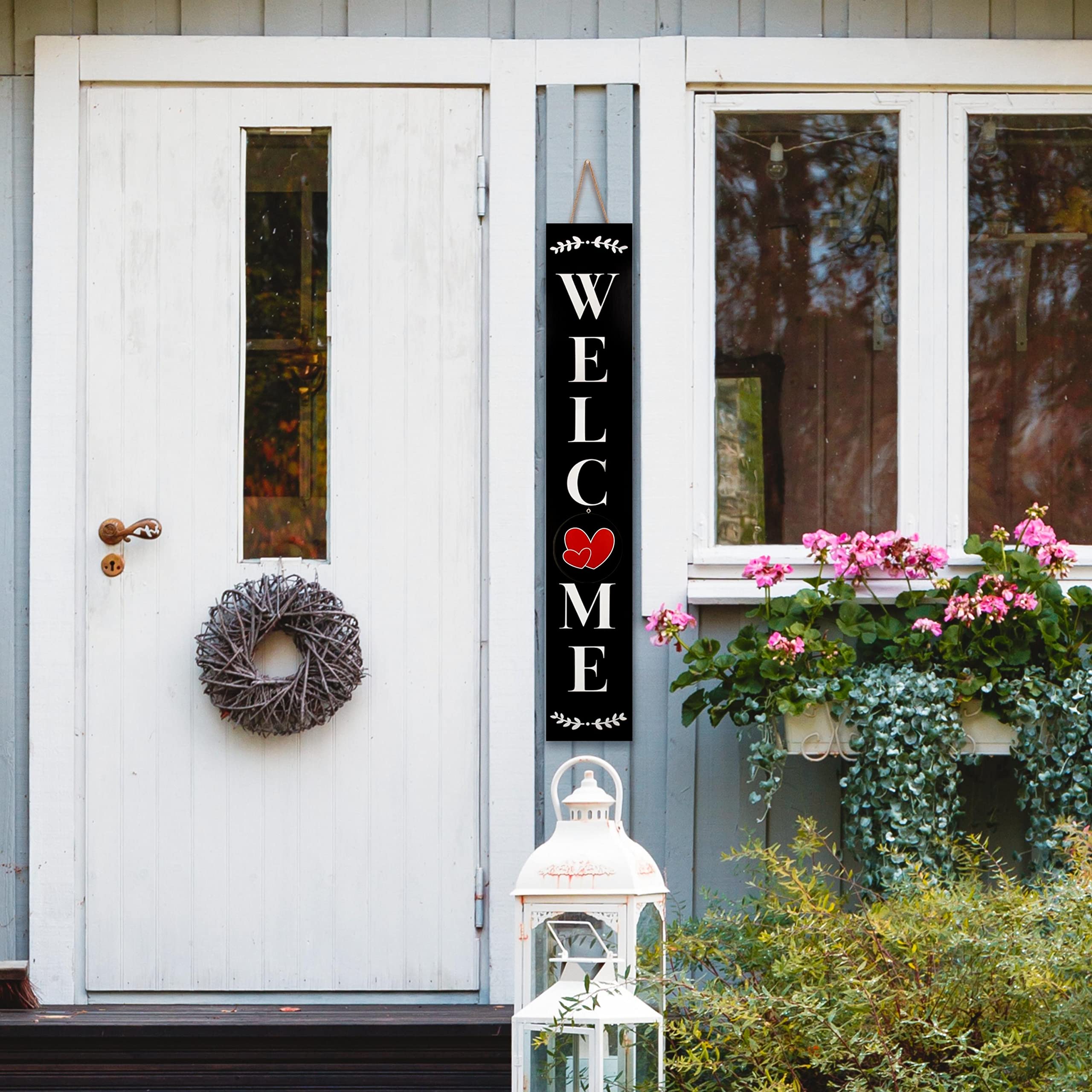 Monjita Welcome Sign for Front Porch Standing, Interchangeable Wooden Sign with 5 Designed Double-Sided Icons for Front Door, All Seasonal Farmhouse Rustic Modern Porch Decor for Fall Harvest