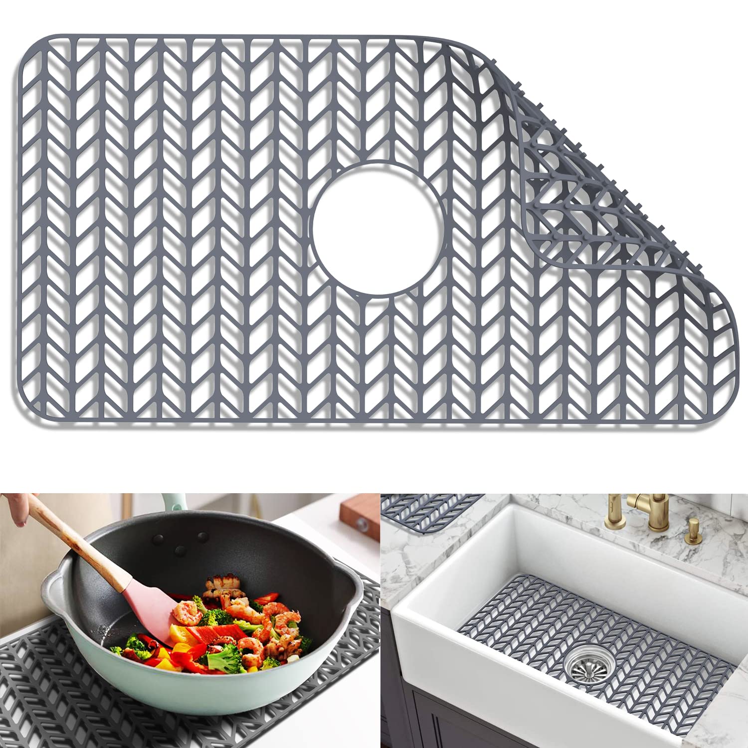 Silicone Sink Mat Protectors for Kitchen 26''x 14'' JOOKKI Kitchen Sink Protector Grid for Farmhouse Stainless Steel Accessory with Center Drain