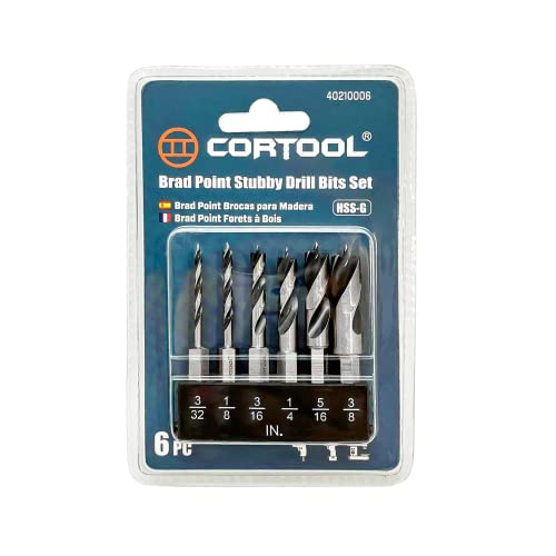 CORTOOL Brad Point Stubby Drill Bit Set for Wood, 6pcs HSS Drill Bit Set with 1/4-Inch Quick Change Hex Shank - 3/32”, 1/8”, 3/16”, 1/4”, 5/16” and 3/8” Inch Sizes Stubby Drill Bits for Wood