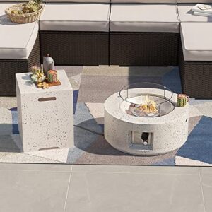 sunbury outdoor 28 inch propane fire pit table, round fire table w tank table, 40,000 btu spotted white patio gas fire table w tempered glass wind guard, waterproof cover