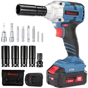 enhulk cordless impact wrench 1/2, 1/2 impact gun brushless w/max torque 300 ft-lbs (400n.m), 20v electric impact wrench with 4.0ah battery&charger, reverse brake stop, variable speed, for car repairs