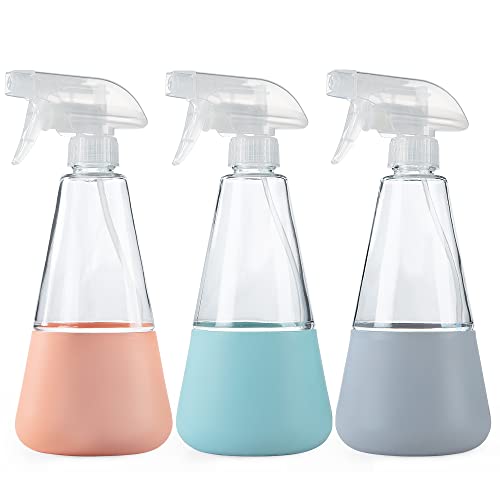 MOSURS Empty Clear Glass Spray Bottles with Silicone Sleeve Protection, Refillable 16 oz Containers for Cleaning Solutions, Essential Oils and Misting Plants with Adjustable Nozzle-3PCS (3, 16 oz)