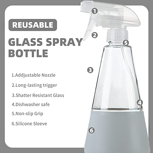 MOSURS Empty Clear Glass Spray Bottles with Silicone Sleeve Protection, Refillable 16 oz Containers for Cleaning Solutions, Essential Oils and Misting Plants with Adjustable Nozzle-3PCS (3, 16 oz)