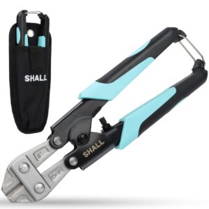 shall 8-inch mini bolt cutter, small heavy duty wire cutter, two-color ergonomic handle, security lock, more efficient leverage & adjustment screw, belt bag included