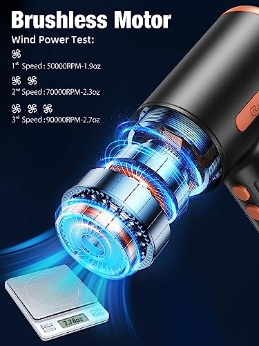 Compressed Air Duster, with Brushless Motor, Low Noise, Max. 90000RPM, 3 Gear Adjustable, 7500mAh Rechargeable Batteries, Non-Disposable Compressed Gas Duster