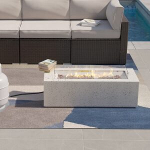 sunbury outdoor 42 inch propane fire pit table, rectangular fire table w glass wind guard, 40,000 btu spotted white patio gas fire table waterproof cover, lava rocks