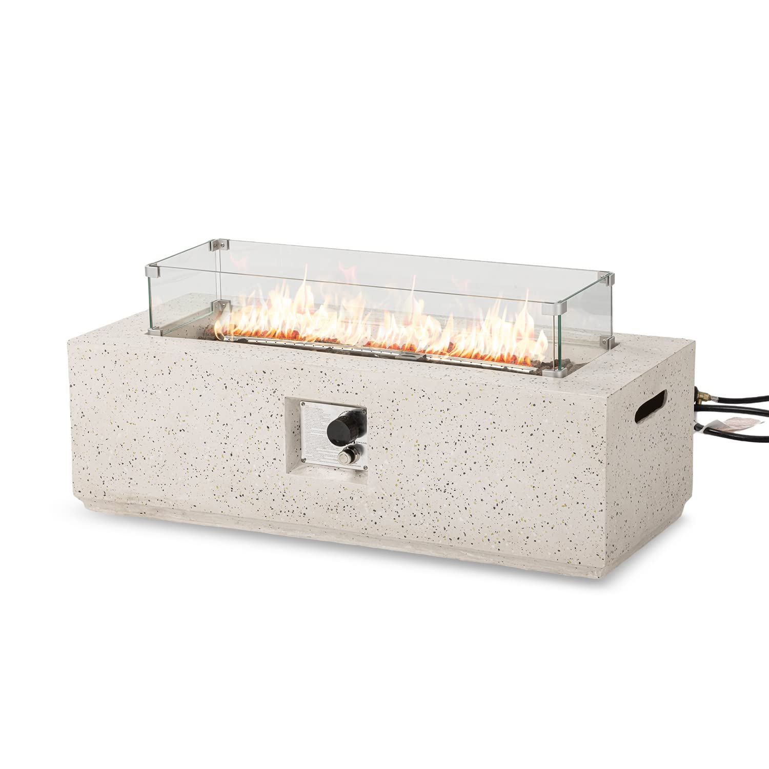 SUNBURY Outdoor 42 Inch Propane Fire Pit Table, Rectangular Fire Table w Glass Wind Guard, 40,000 BTU Spotted White Patio Gas Fire Table Waterproof Cover, Lava Rocks