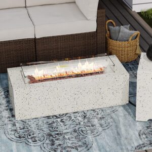 SUNBURY Outdoor 42 Inch Propane Fire Pit Table, Rectangular Fire Table w Glass Wind Guard, 40,000 BTU Spotted White Patio Gas Fire Table Waterproof Cover, Lava Rocks