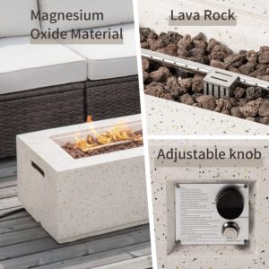 SUNBURY Outdoor 42 Inch Propane Fire Pit Table, Rectangular Fire Table w Glass Wind Guard, 40,000 BTU Spotted White Patio Gas Fire Table Waterproof Cover, Lava Rocks