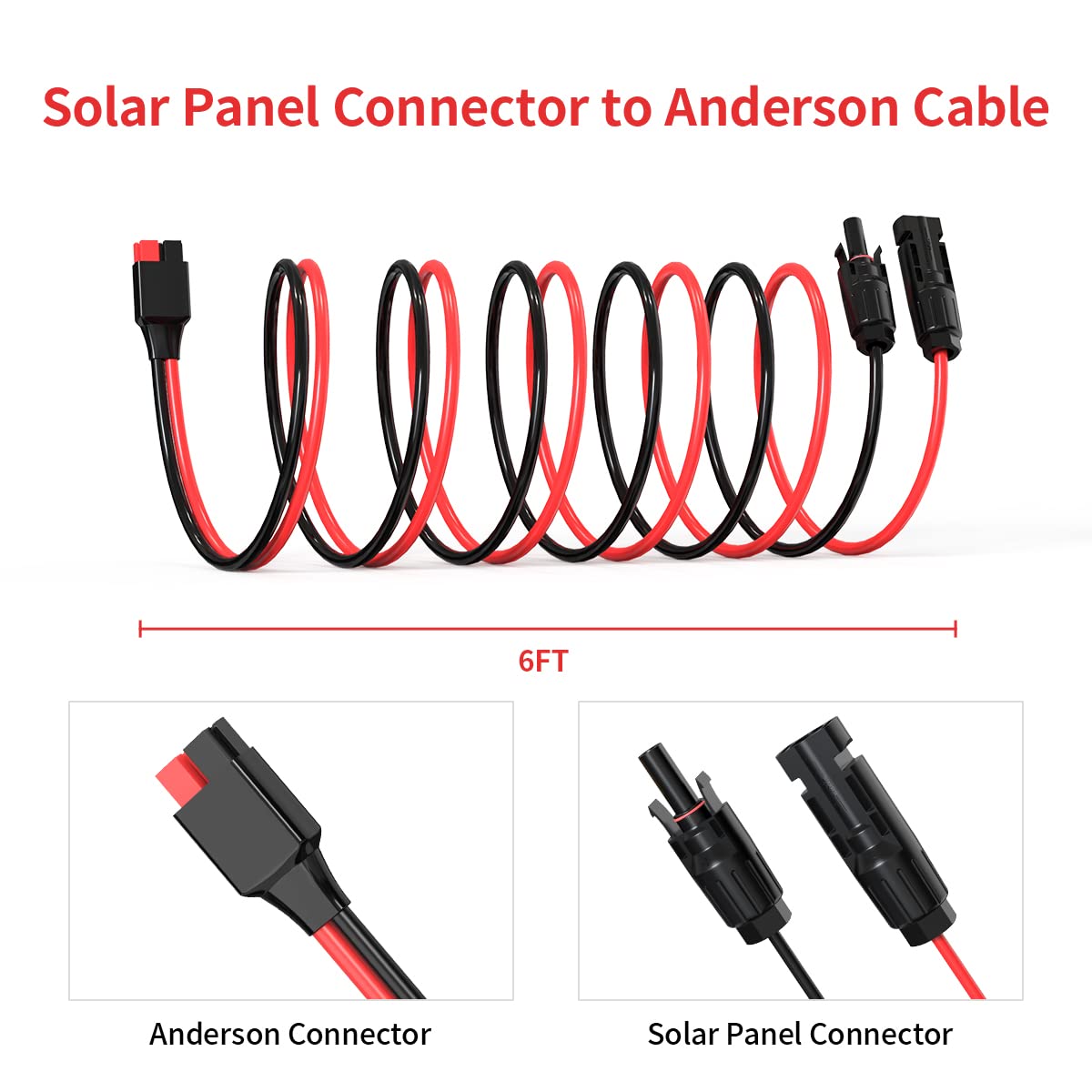 ELFCULB 10AWG 6FT Solar Panel Cable to Anderson Connector 2 6 10 20 35 50FT Solar Extension Cable for Portable Power Station Solar Generator Battery Pack(6FT)