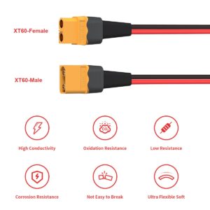 ELFCULB 12AWG 2FT XT60 Extension Cable 2 6 10 20 35 50 75 100FT XT60 Female to Male Connector for RC Battery Portable Power Station Solar Panel(2FT)