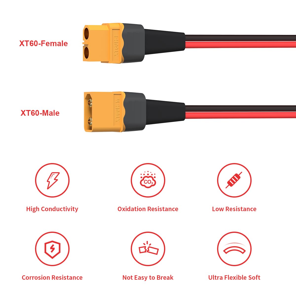 ELFCULB 12AWG 2FT XT60 Extension Cable 2 6 10 20 35 50 75 100FT XT60 Female to Male Connector for RC Battery Portable Power Station Solar Panel(2FT)