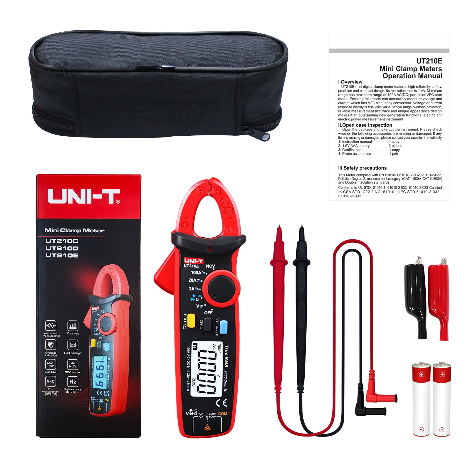 UNI-T UT210e Mini Clamp Meter & Alligator Electric Clips, AC/DC Amp Meter Clamp Multimeter True RMS 2000 Counts Voltage Tester Continuity Tester Capacitor HVAC Tool