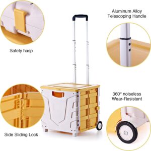 Foldable Utility Cart,Portable Folding Cart Tools Carrier with Telescopic Handle Heavy Duty Shopping Cart with 360degree Rolling Swivel Wheels for Travel Shopping Moving Luggage(Yellow),Yellow