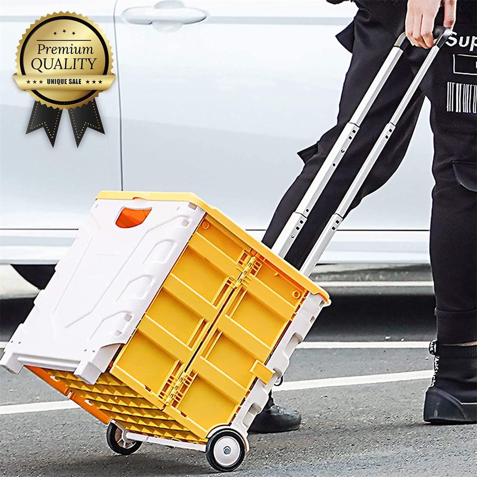 Foldable Utility Cart,Portable Folding Cart Tools Carrier with Telescopic Handle Heavy Duty Shopping Cart with 360degree Rolling Swivel Wheels for Travel Shopping Moving Luggage(Yellow),Yellow