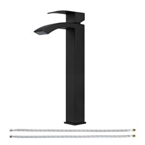 ezanda single handle vessel sink faucet waterfall tall bathroom bowl basin mixer tap one hole with water supply line, matte black