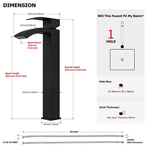 EZANDA Single Handle Vessel Sink Faucet Waterfall Tall Bathroom Bowl Basin Mixer Tap One Hole with Water Supply Line, Matte Black