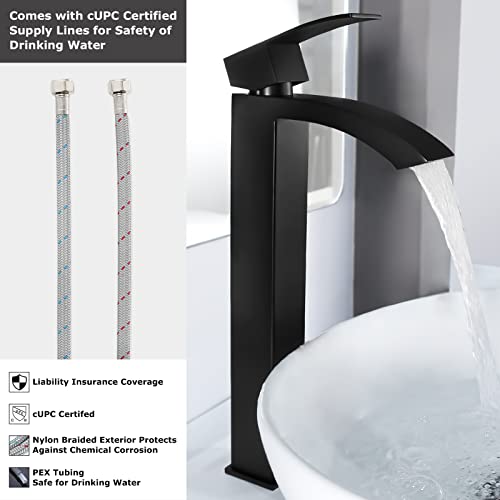 EZANDA Single Handle Vessel Sink Faucet Waterfall Tall Bathroom Bowl Basin Mixer Tap One Hole with Water Supply Line, Matte Black