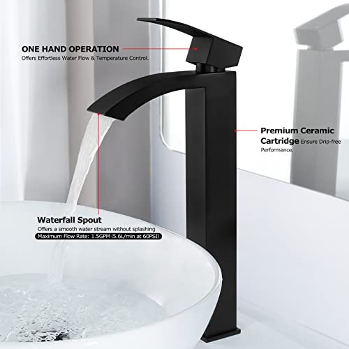 EZANDA Single Handle Vessel Sink Faucet Waterfall Tall Bathroom Bowl Basin Mixer Tap One Hole with Water Supply Line, Matte Black