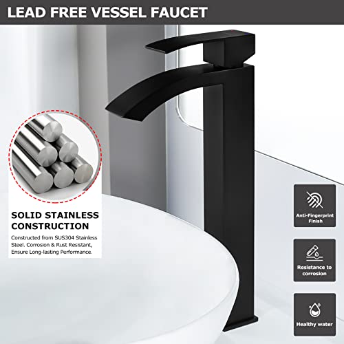 EZANDA Single Handle Vessel Sink Faucet Waterfall Tall Bathroom Bowl Basin Mixer Tap One Hole with Water Supply Line, Matte Black