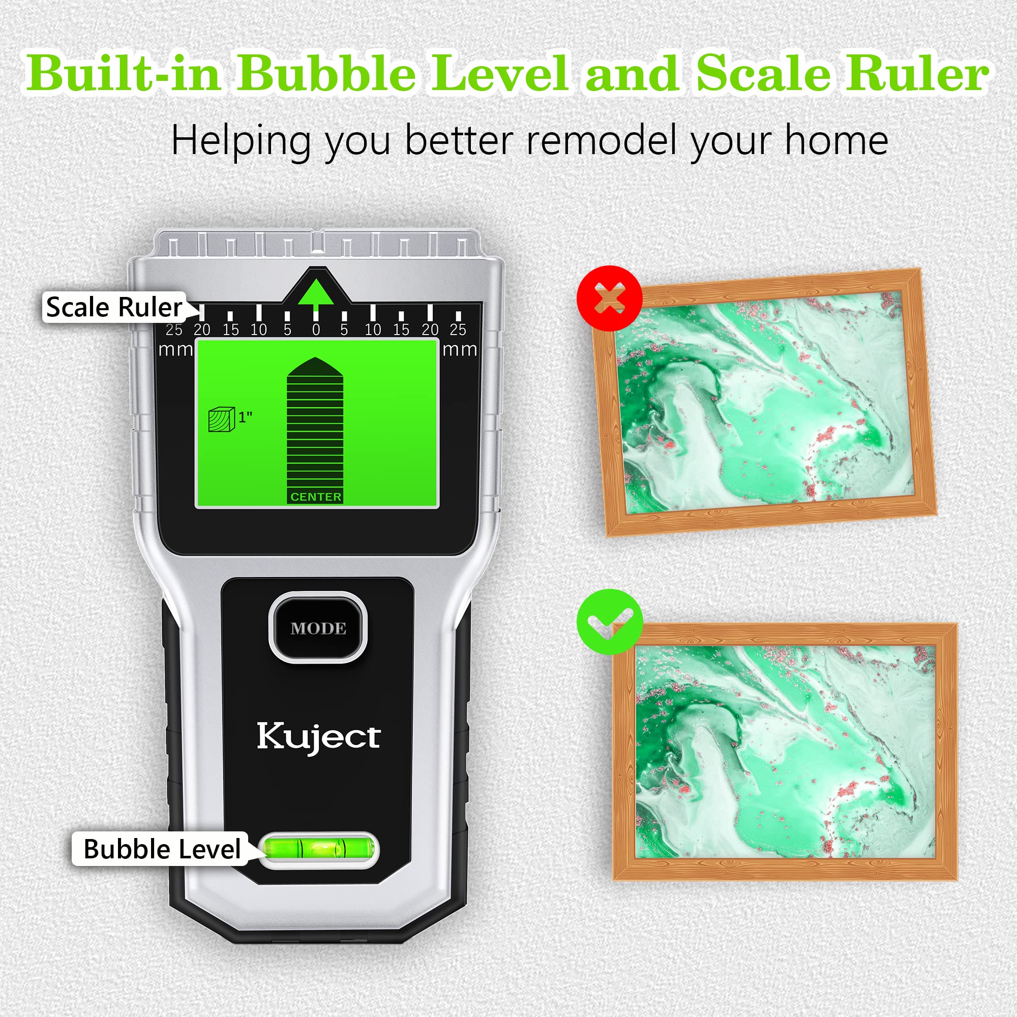 Kuject Stud Finder Wall Scanner - 8 in 1 Electronic Stud Sensor with Magnetic Detector, Bubble Level, LCD Display, Wall Scanner for the Center and Edge of Metal Wood AC Wire Studs Joist Beam