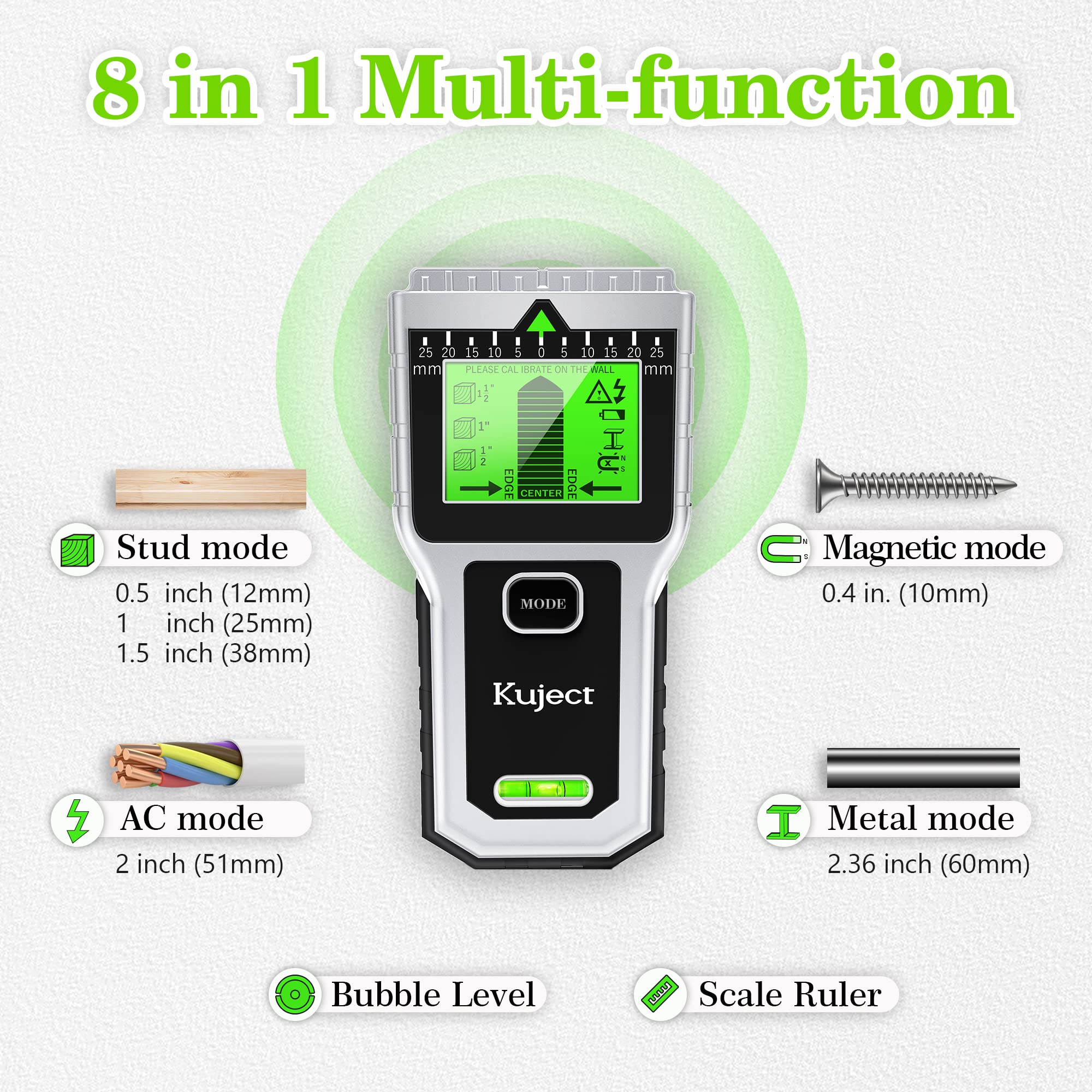 Kuject Stud Finder Wall Scanner - 8 in 1 Electronic Stud Sensor with Magnetic Detector, Bubble Level, LCD Display, Wall Scanner for the Center and Edge of Metal Wood AC Wire Studs Joist Beam