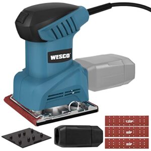 palm sander, wesco 2.0 a electric sander tool 1/4 sheet sanders for woodworking,12,000 opm corded finishing sander machine with dust collector, punch plate,vacuum adapter, quick locking system