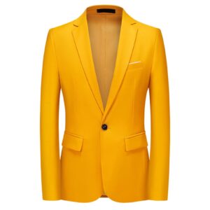 men slim fit daily blazer one button lapel slim fit business jacket solid casual formal wedding party sport coat (yellow,large)