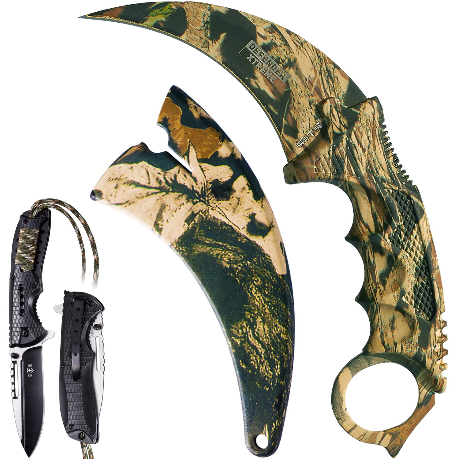 Grand Way Bundle of 2 Items - Pocket Knife - Survival Military Foldable Knife - Best Outdoor Camping Hunting Bushcraft EDC Folding Knife