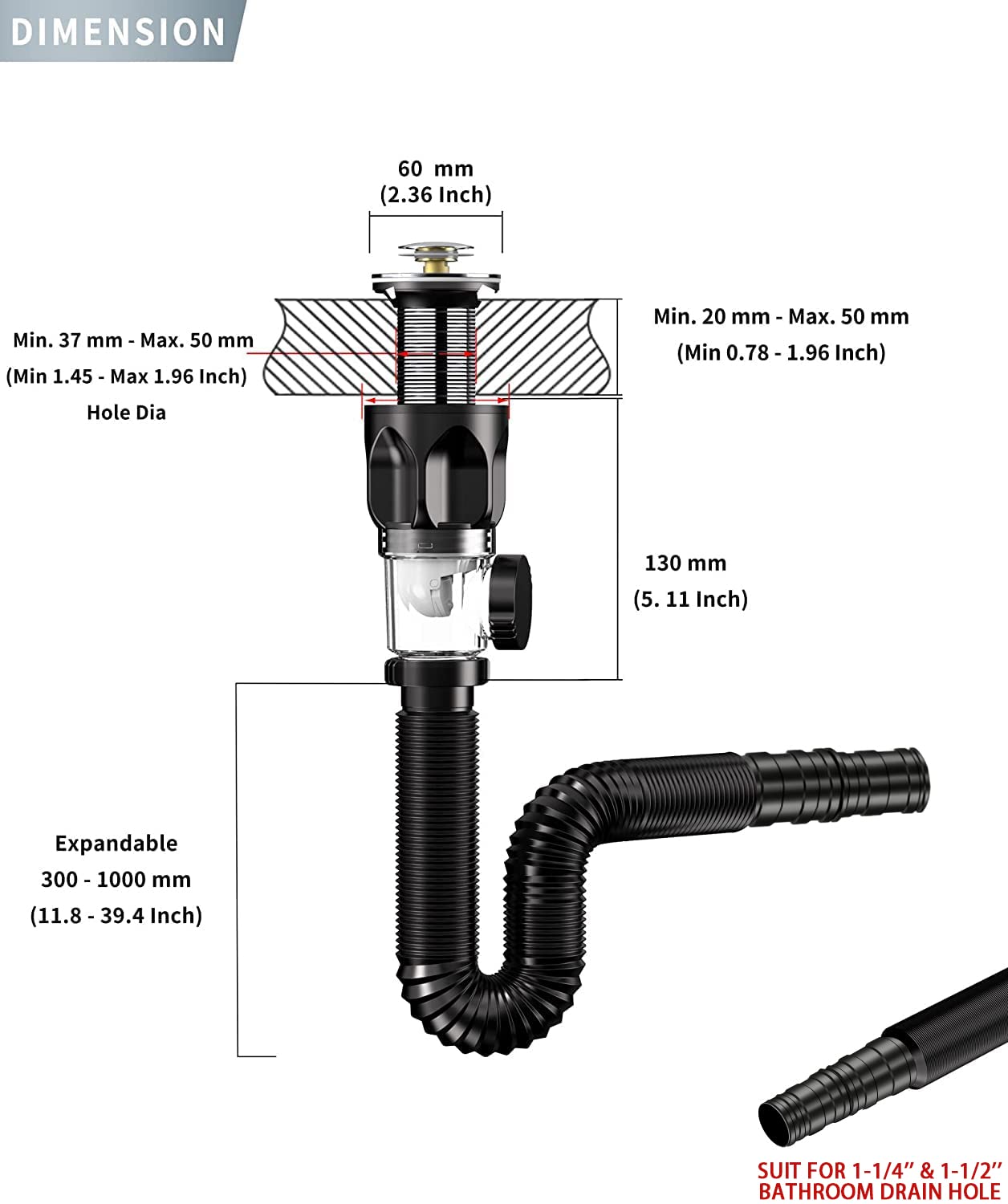 Bathroom-Sink-Drain-Kit: Flex-drain Kit with Flexible & Expandable P-trap Sink Drain Pipe, Snappy Trap with Built-in Anti-clogging Stopper, for 1-1/4'' & 1-1/2'' Drain Hole, RV Sink Drain