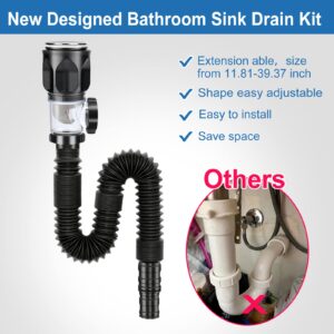 Bathroom-Sink-Drain-Kit: Flex-drain Kit with Flexible & Expandable P-trap Sink Drain Pipe, Snappy Trap with Built-in Anti-clogging Stopper, for 1-1/4'' & 1-1/2'' Drain Hole, RV Sink Drain