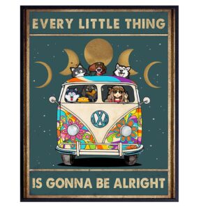 flower child hippie wall art - cute positive saying wall art - retro inspiration gift for woman - 60's hippie room decor - boho-chic hippie bus poster - every little thing is gonna be alright 8x10