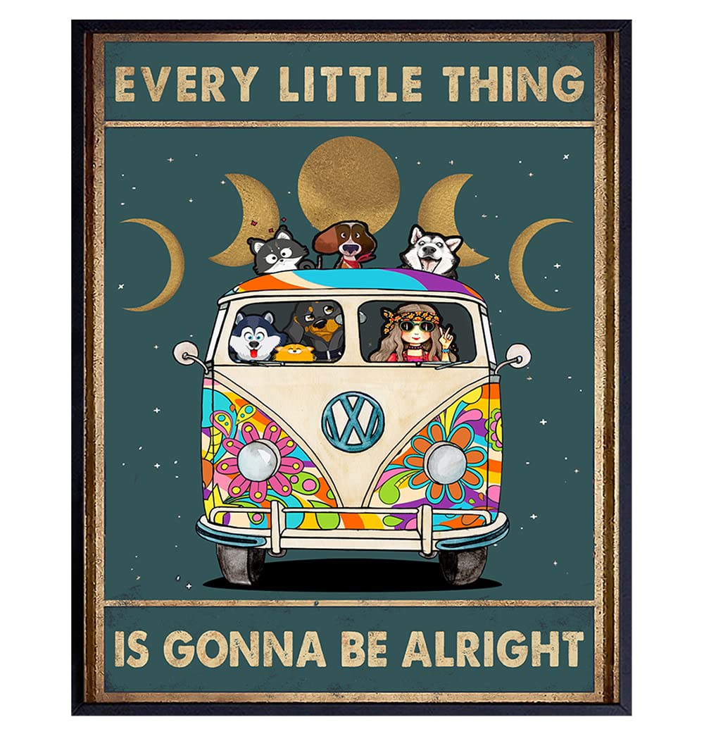 Flower Child Hippie Wall Art - Cute Positive Saying Wall Art - Retro Inspiration Gift for Woman - 60's Hippie Room Decor - Boho-chic hippie bus Poster - Every Little Thing Is Gonna Be Alright 8x10