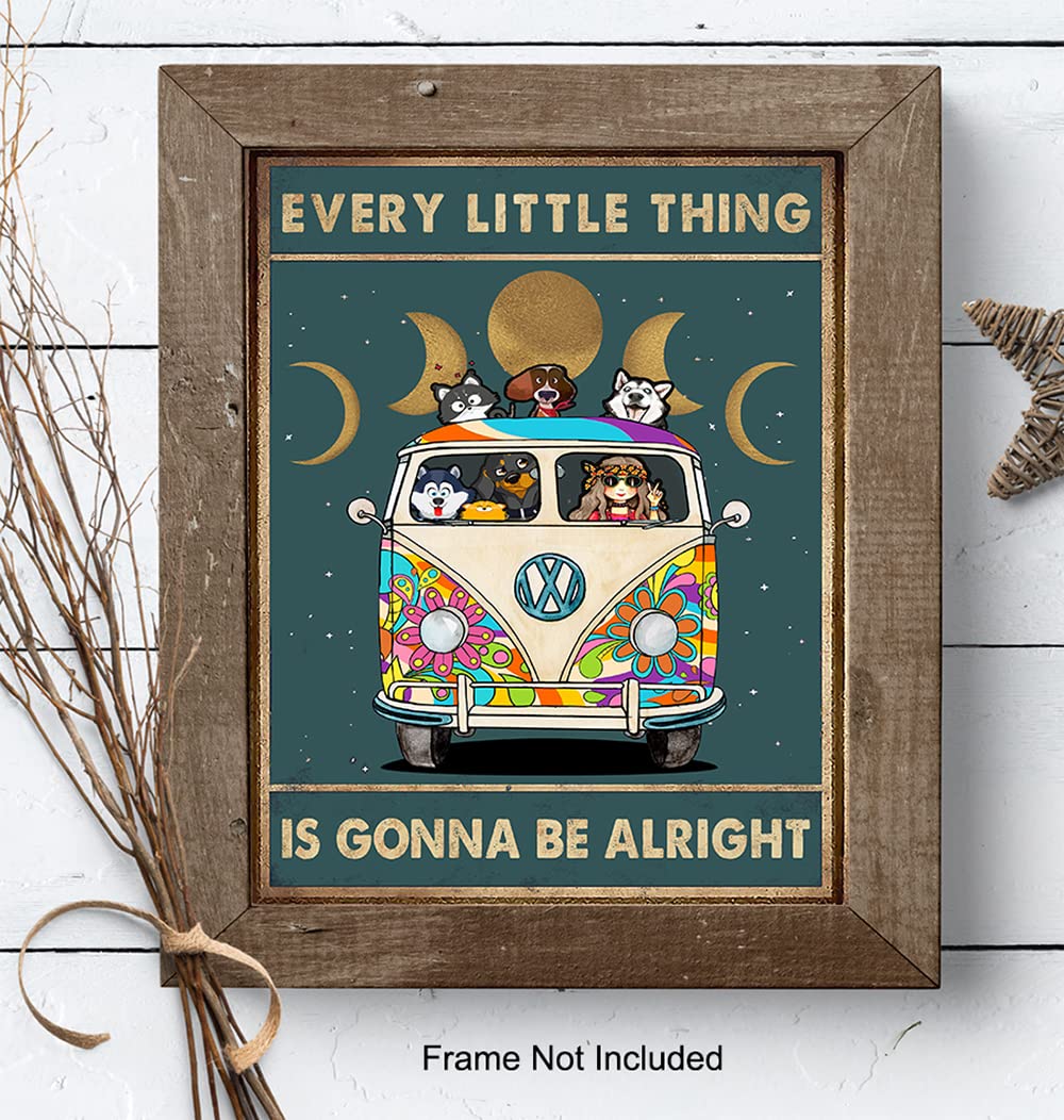 Flower Child Hippie Wall Art - Cute Positive Saying Wall Art - Retro Inspiration Gift for Woman - 60's Hippie Room Decor - Boho-chic hippie bus Poster - Every Little Thing Is Gonna Be Alright 8x10