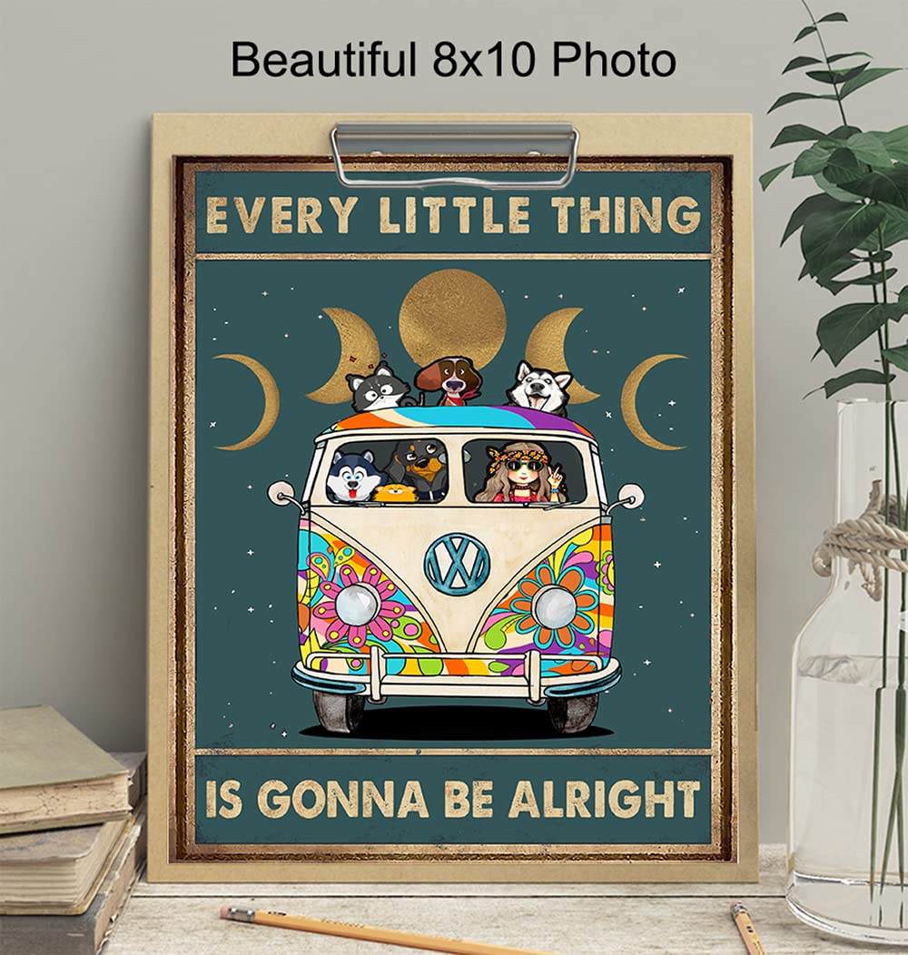 Flower Child Hippie Wall Art - Cute Positive Saying Wall Art - Retro Inspiration Gift for Woman - 60's Hippie Room Decor - Boho-chic hippie bus Poster - Every Little Thing Is Gonna Be Alright 8x10