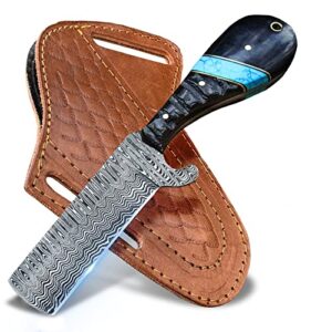 warlocks club handmade damascus hunting knife, 8" fixed blade knife with sheath, full tang cowboy knife, skinning knife, edc bull cutter knife for outdoor camping