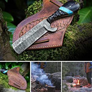 Warlocks Club Handmade Damascus Hunting Knife, 8" Fixed Blade Knife with Sheath, Full Tang Cowboy Knife, Skinning Knife, EDC Bull Cutter Knife for Outdoor Camping
