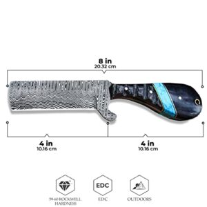 Warlocks Club Handmade Damascus Hunting Knife, 8" Fixed Blade Knife with Sheath, Full Tang Cowboy Knife, Skinning Knife, EDC Bull Cutter Knife for Outdoor Camping