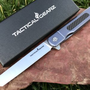 TACTICAL GEARZ Pocket Folding Knife w/Titanium Handle for EDC! D2 Steel Tanto Blade! (Tatsu Standard Blue)