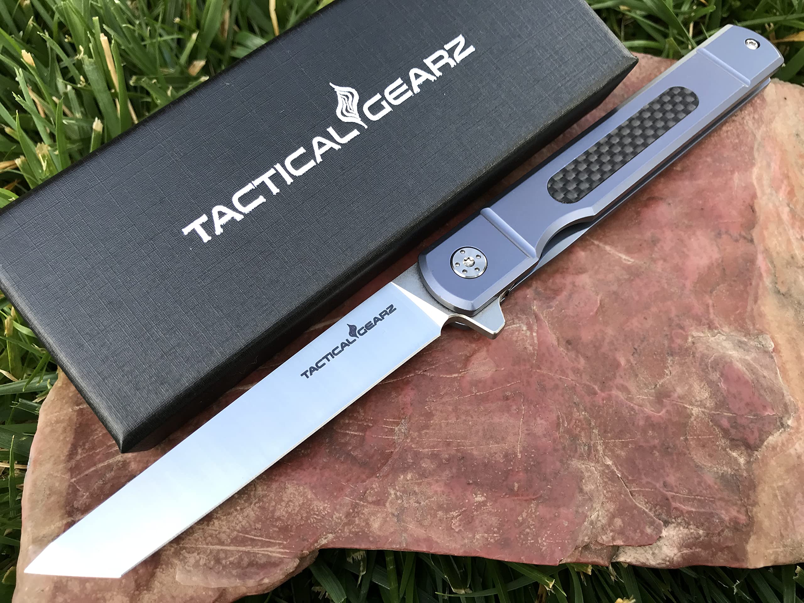 TACTICAL GEARZ Pocket Folding Knife w/Titanium Handle for EDC! D2 Steel Tanto Blade! (Tatsu Standard Blue)