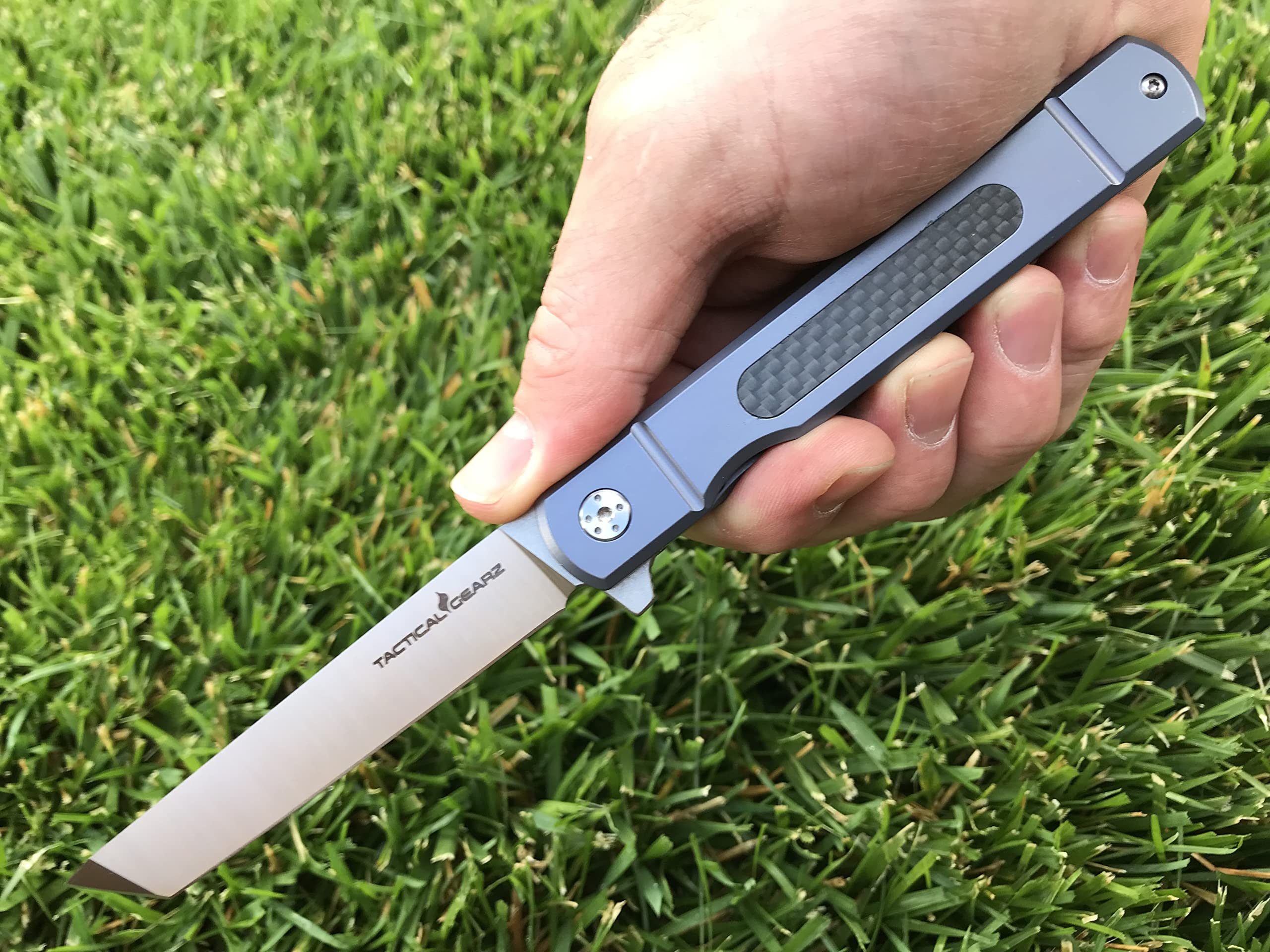 TACTICAL GEARZ Pocket Folding Knife w/Titanium Handle for EDC! D2 Steel Tanto Blade! (Tatsu Standard Blue)