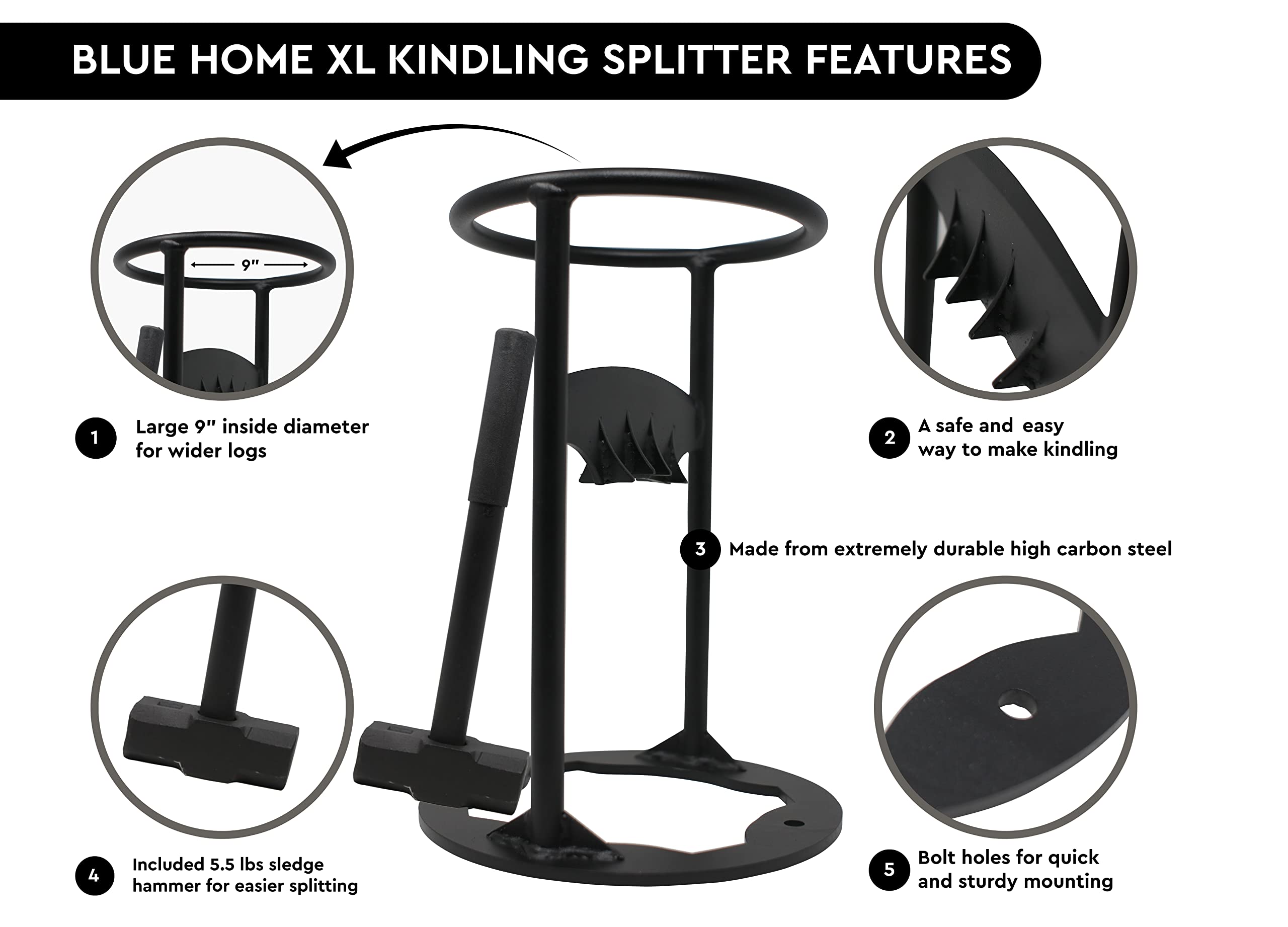 Blue Home XL Kindling Splitter — with 5.5 Lbs Sledge Hammer — Easy Portability — Manual Log Splitter (XL Kindling Splitter)