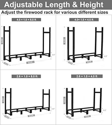 Khordin 8ft Firewood Rack Outdoor Adjustable Heavy Duty Wood Rack Fire Wood Holder for Indoor Storage Fireplace Metal Lumber Organizer Wood Stand Stacker, Black