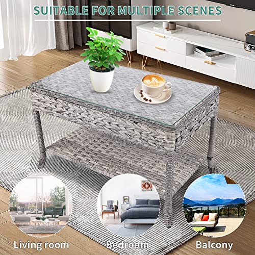 Koruiten Wicker Outdoor Coffee Table with Storage Shelf, All Weather Rattan Patio Coffee Table with Glass Top for Outside Porch Backyard