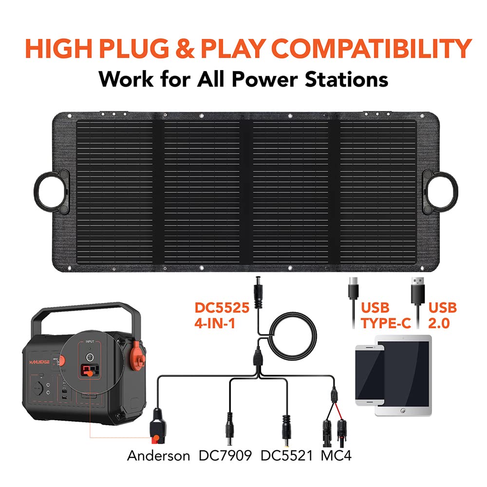 Manusage100W Portable Solar Panel Waterproof IP65 & Durable Cable for Jackery/Ecoflow/Bluetti/Goal Zero/Rockpals Power Station Suitable for Outdoor Camping