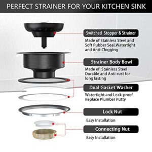 EXAKEY Black Sink Drain 3-1/2 Inch Matte Black Kitchen Sink Drain Strainer Assembly Kit with Strainer Basket and Drain Stopper for Standard Kitchen Sink Stainless Steel