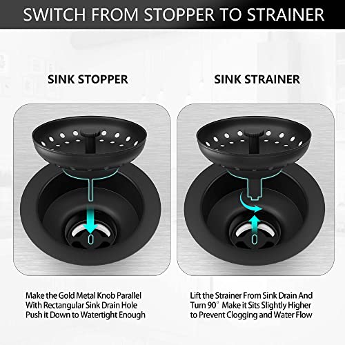 EXAKEY Black Sink Drain 3-1/2 Inch Matte Black Kitchen Sink Drain Strainer Assembly Kit with Strainer Basket and Drain Stopper for Standard Kitchen Sink Stainless Steel